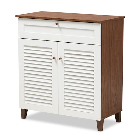 Baxton Studio Coolidge White and Walnut Wood 4-Shelf Shoe Cabinet with Drawer 163-10393
